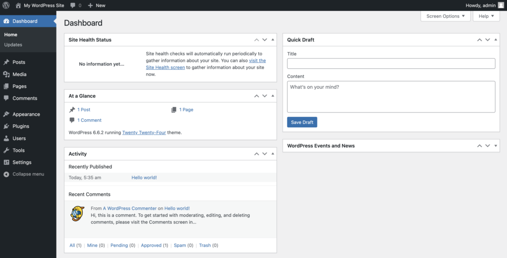 La dashboard di amministrazione di WordPress