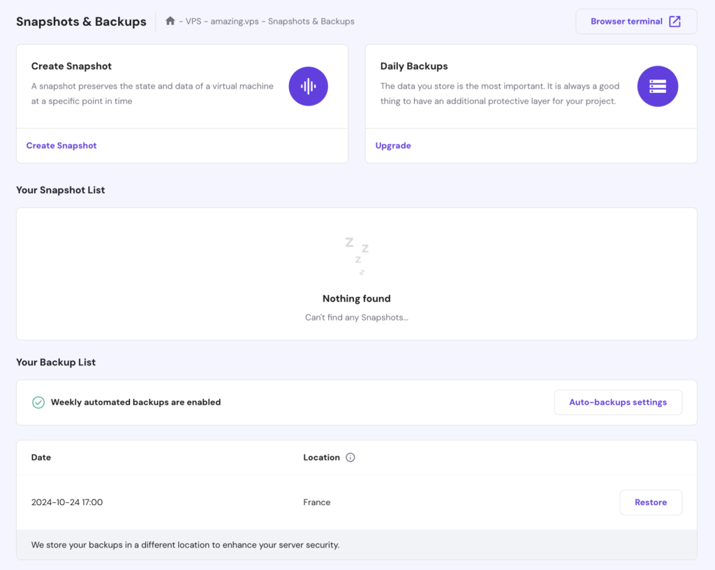 Il menu "Snapshot & backup" nell’hPanel di Hostinger