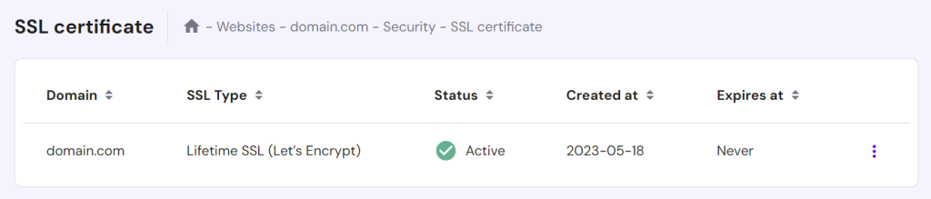 Sezione SSL su hPanel