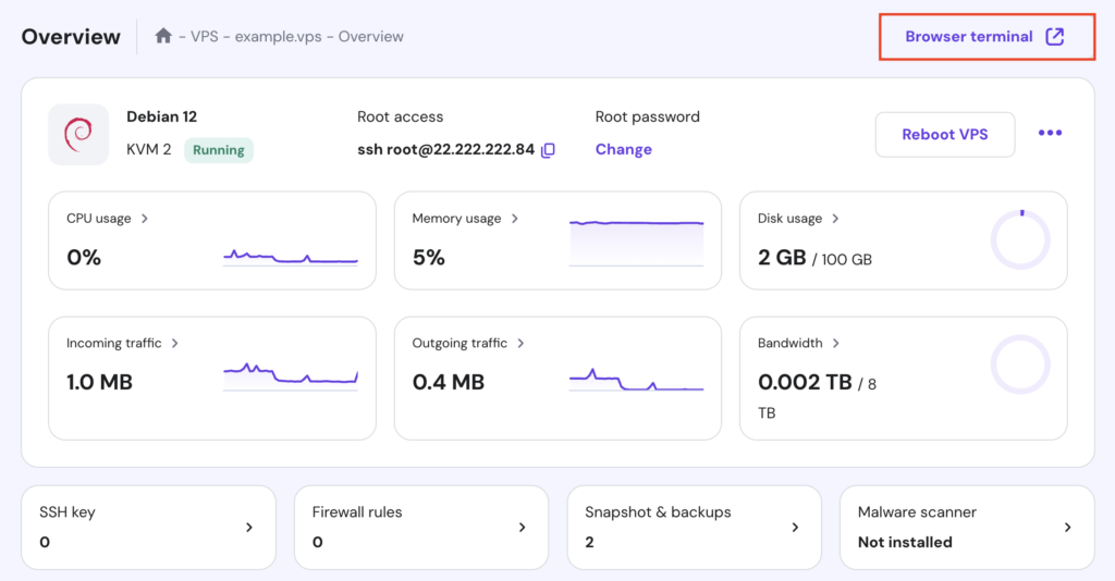 Il pulsante del terminale del browser nella pagina "Panoramica" del VPS di hPanel