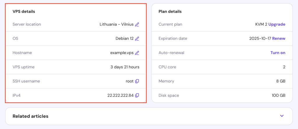 La sezione dei dettagli del VPS nella pagina "Panoramica" del VPS di hPanel