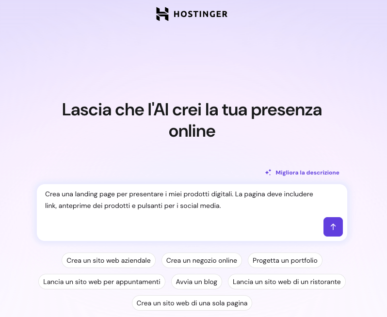 Riquadro del prompt dell’AI del website builder di Hostinger