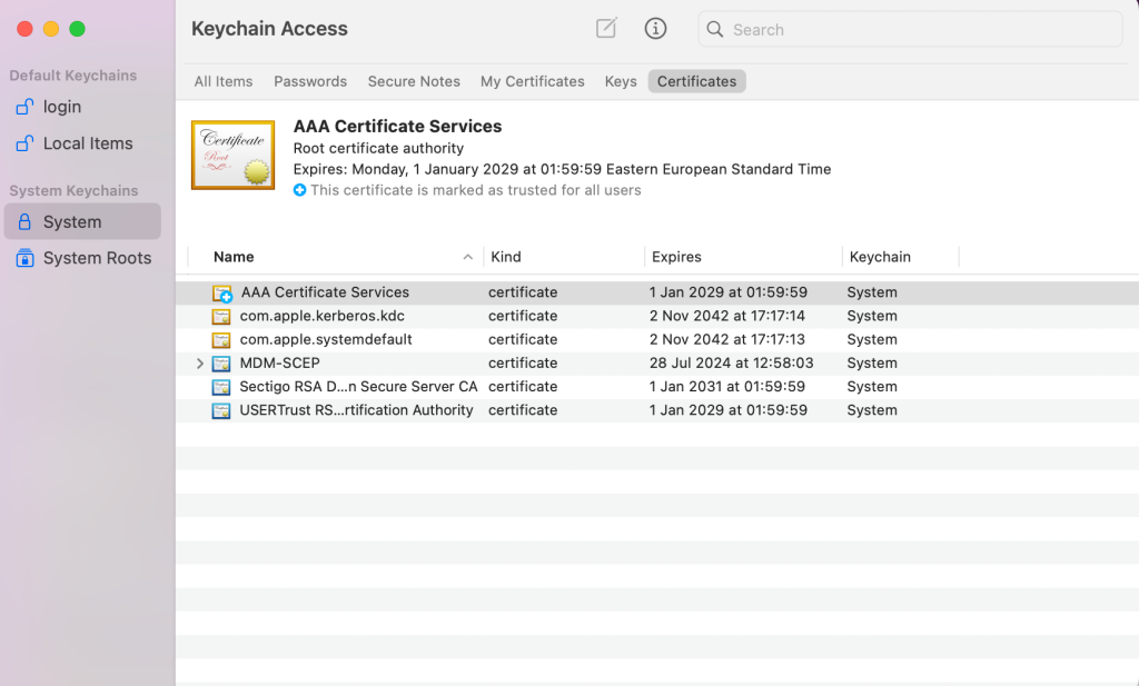 Sezione “Sistema” in “Accesso portachiavi” su macOS