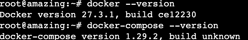 Il terminale mostra la versione di Docker e di Docker Compose