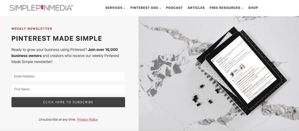 Pagina della newsletter di Simplepinmedia
