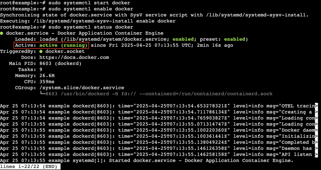 Un output di terminale che mostra uno stato attivo (in esecuzione) del servizio Docker
