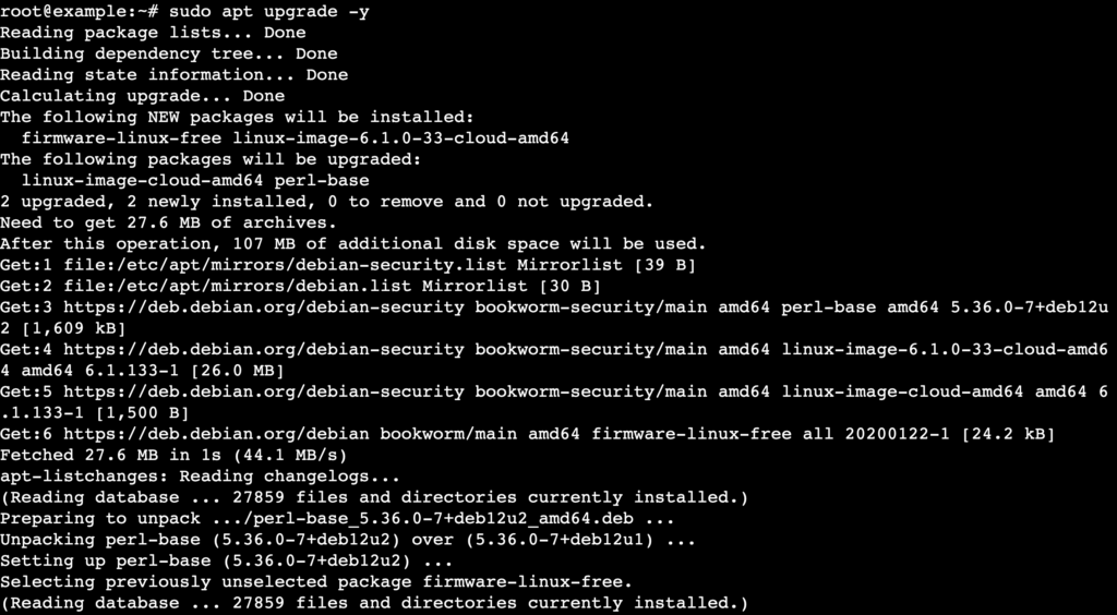 Un output di terminale che mostra il processo di aggiornamento dei pacchetti Debian