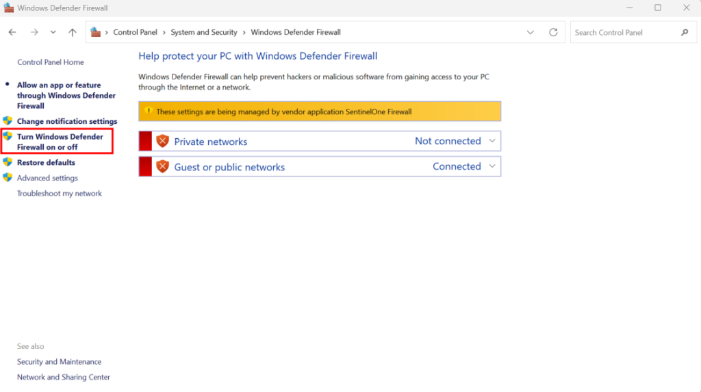 Sezione “Windows Defender Firewall”, con l'opzione per attivarlo o disattivarlo in evidenza