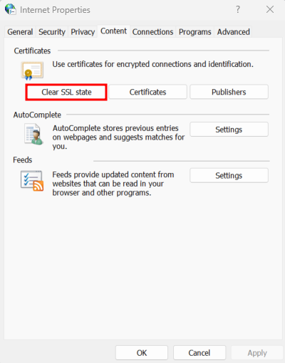 Sezione "Proprietà internet" di Windows, con l'opzione per cancellare lo stato SSL evidenziata