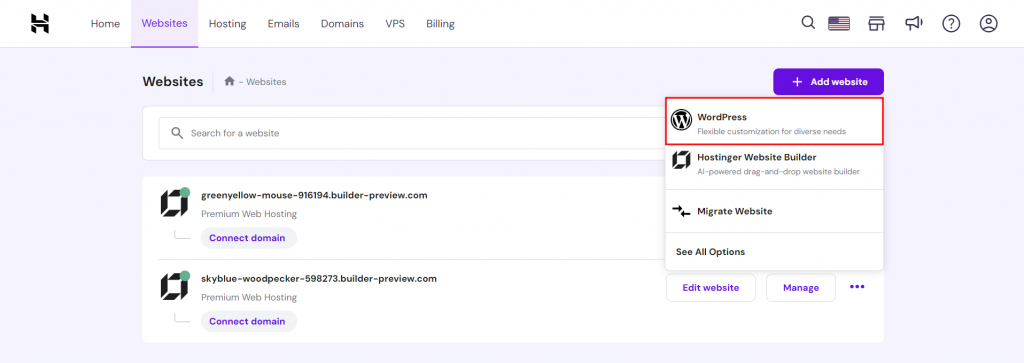 hostinger nieuw wordpress
