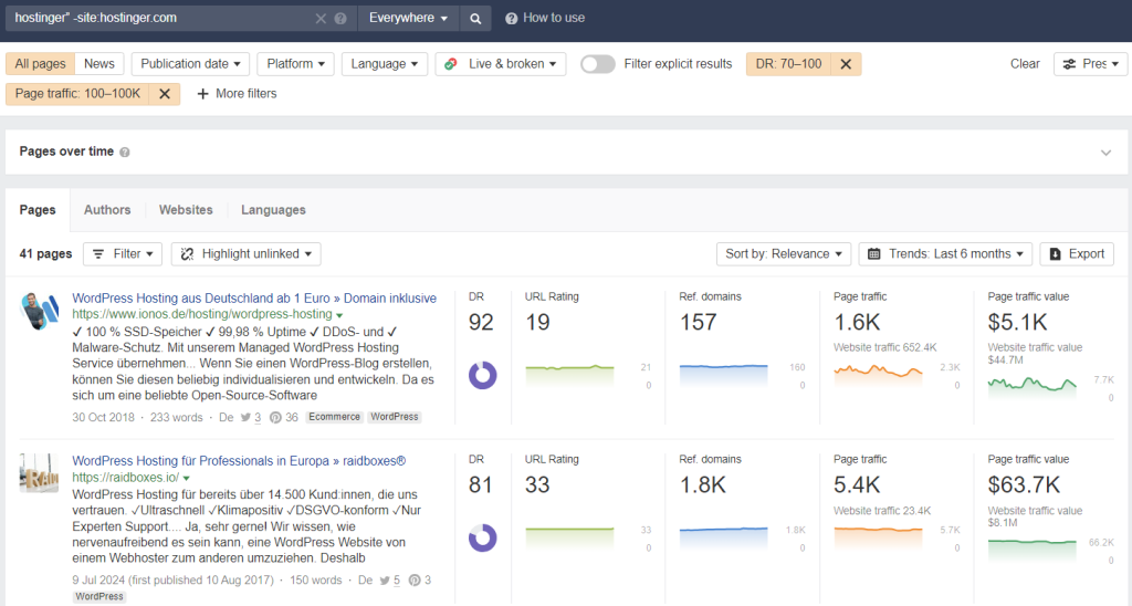Backlinks vinden via Ahrefs content explorer