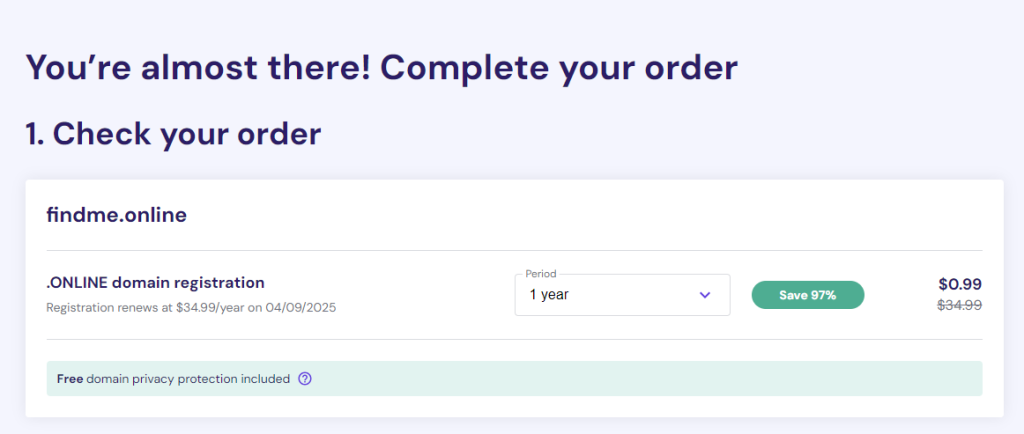 Selecteer de registratieperiode voor jouw domeinnaam