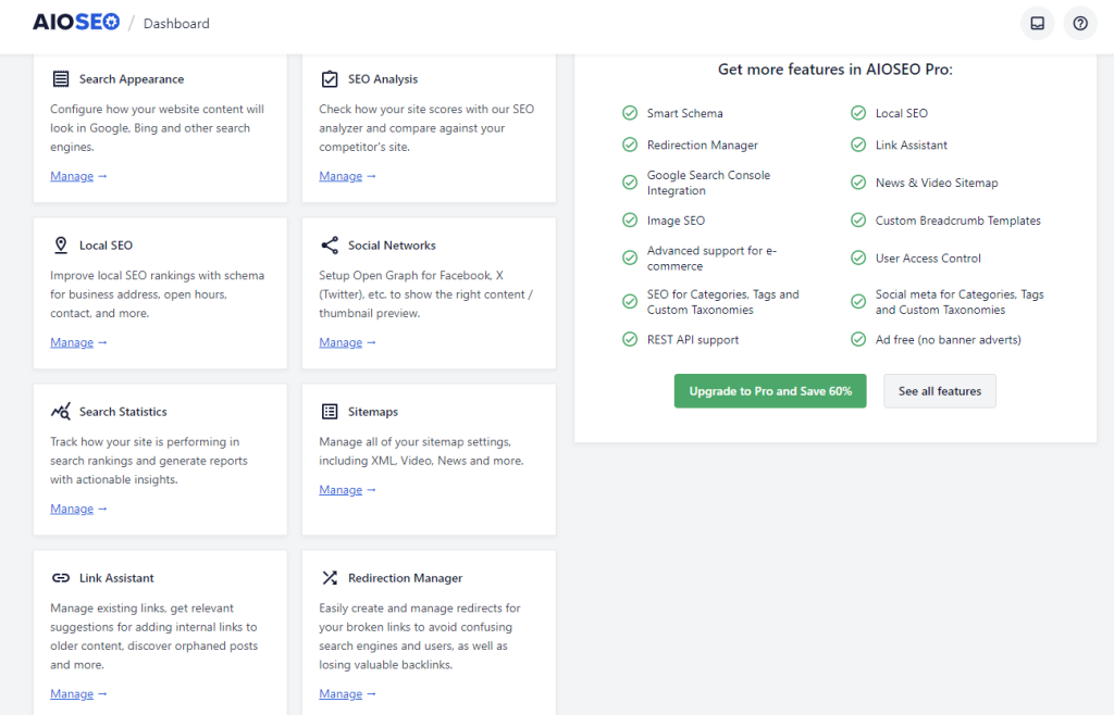 AIOSEO plugin dashboard overzicht