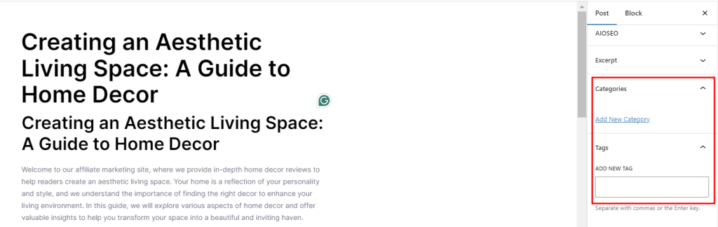Waar je de categorie en tags van een bericht vindt op je website