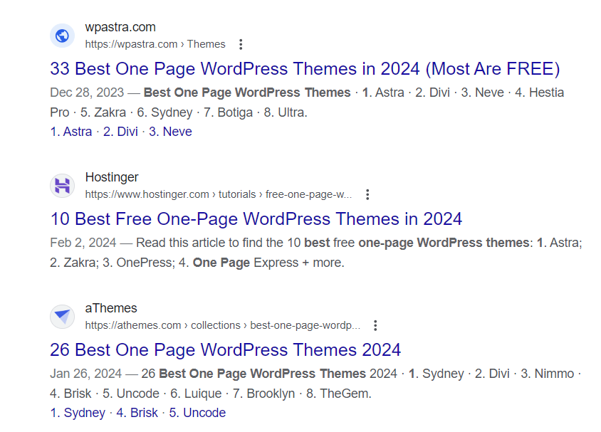 Zoekresultaten in Google met gebruikte zoekwoorden