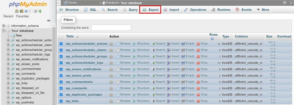 Via het phpMyAdmin scherm exporteren van bestanden.