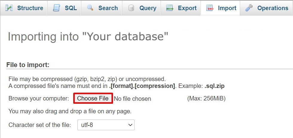 Kies een bestand om de database te importeren