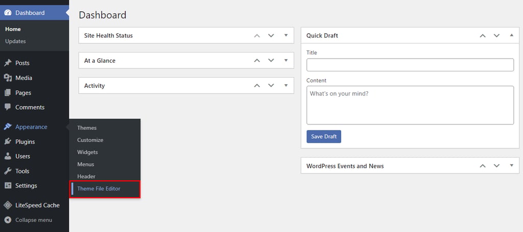 Waar je in het WordPress dashboard de thema file editor vindt