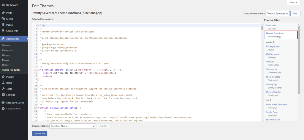 Hoe de functions.php eruit ziet in WordPress