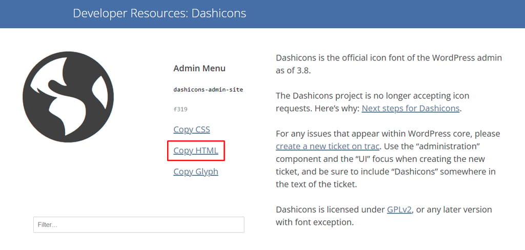 HTLM code vinden in de dashicons icon library