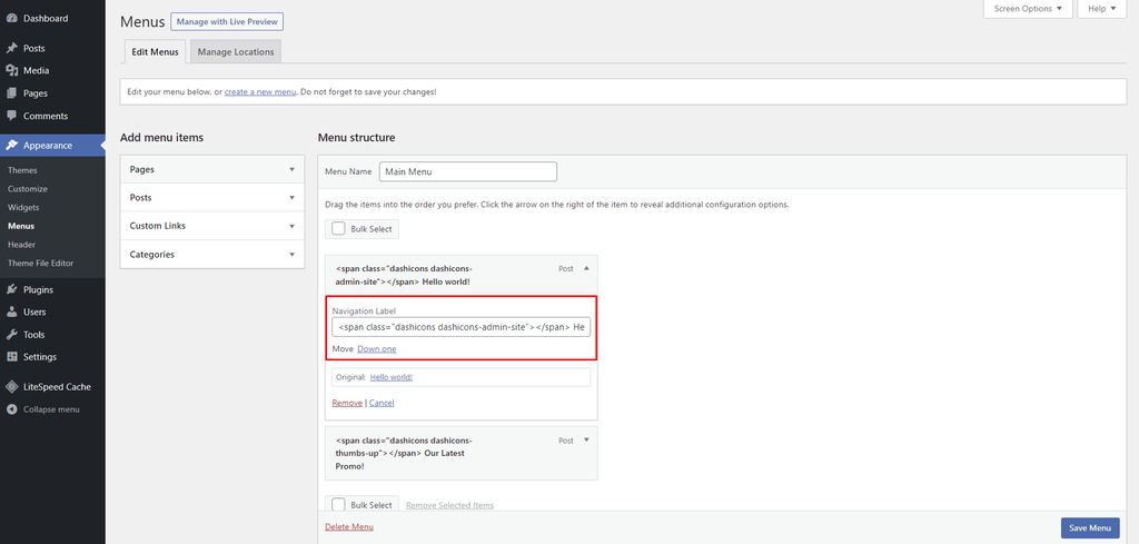 Via je WordPress dashboard de HTML-code kopi&euml;ren in het navigatie-label.

