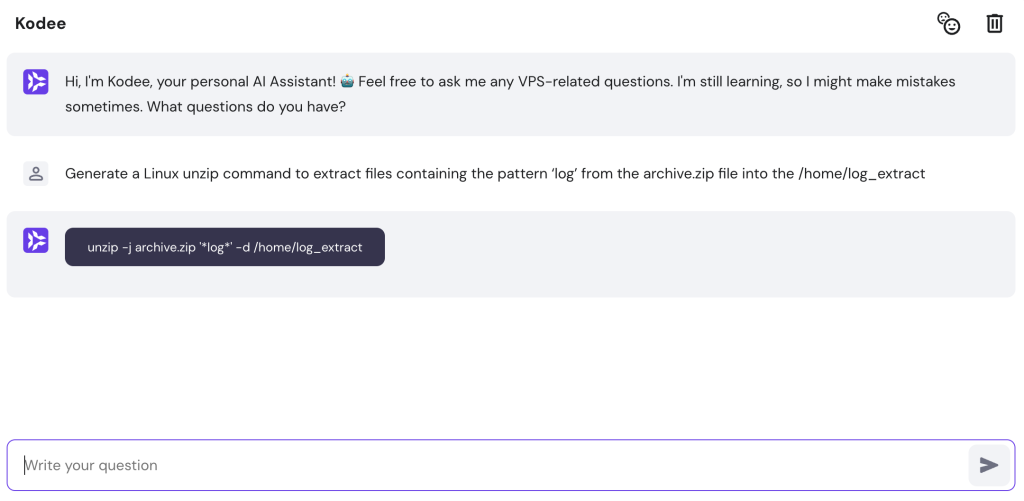 Hostinger AI assistant Kodee gebruiken voor een unzip command te maken