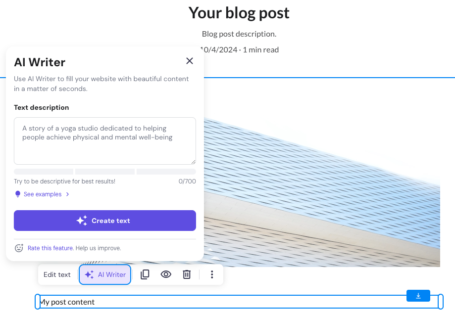 Interface van de hostinger AI writer