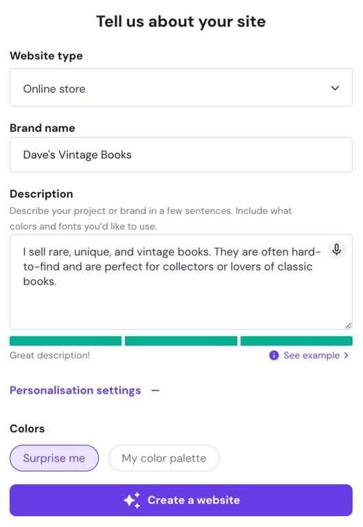 Een mogelijk prompt om met Hostinger AI een webshop voor boeken te maken