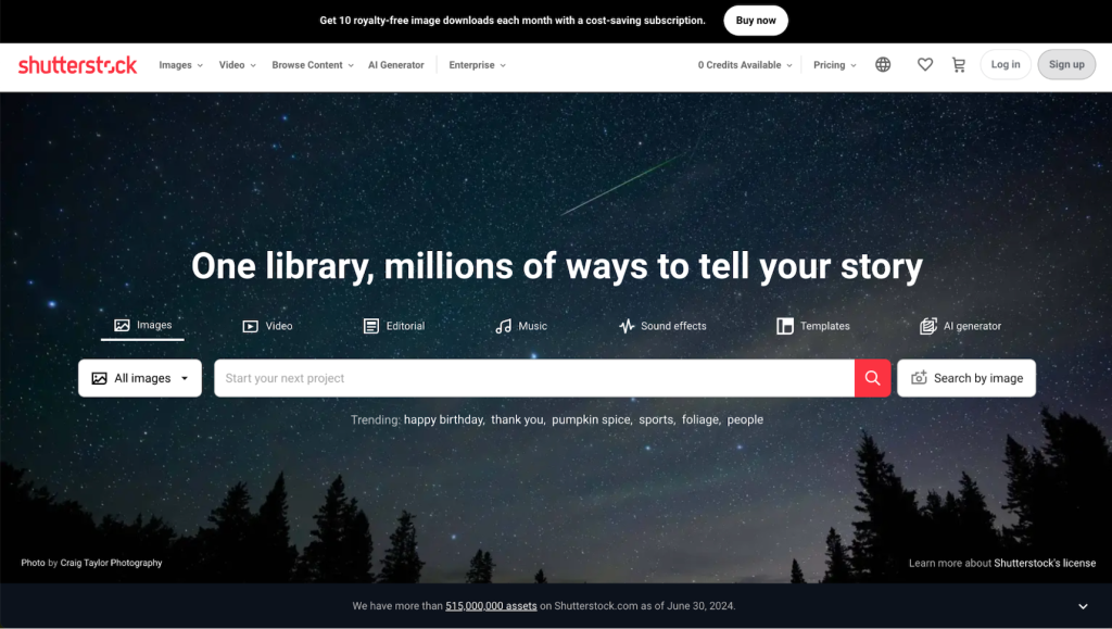 Homepage van stock foto website Shutterstock