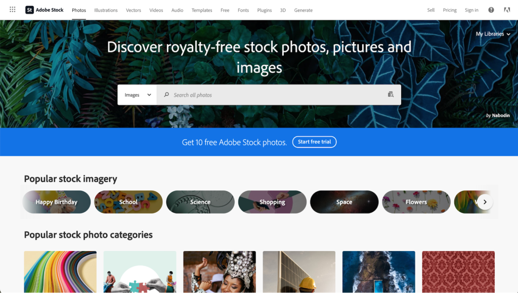 De homepage en zoekbalk van de stockfoto website van Adobe Stock