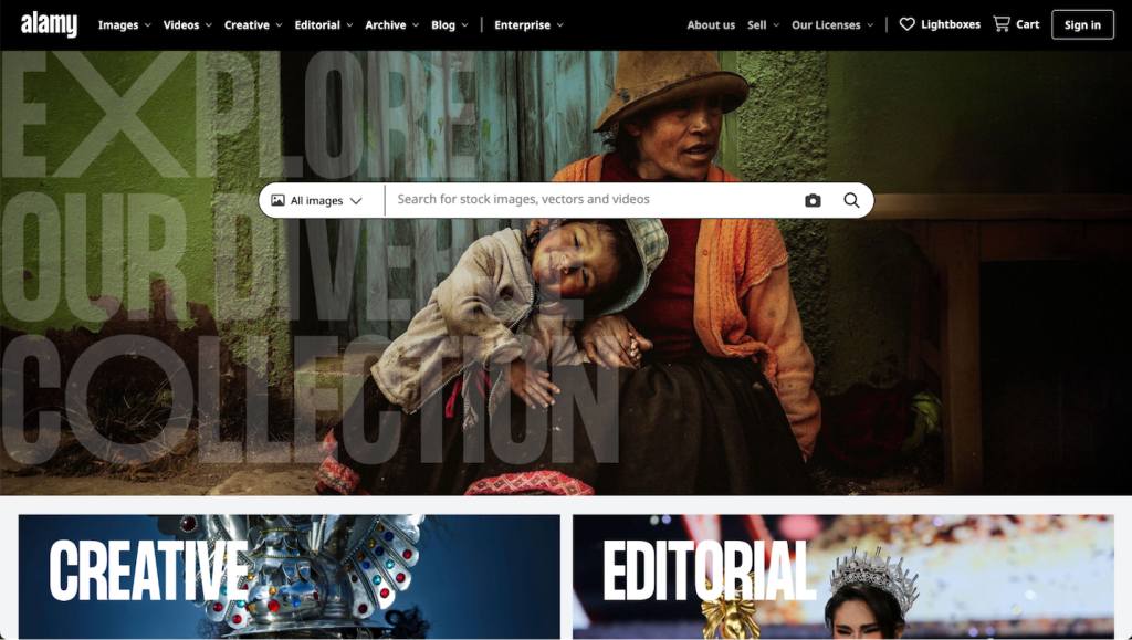 Alarmy homepage screenshot, een plek om fotos online te verkopen