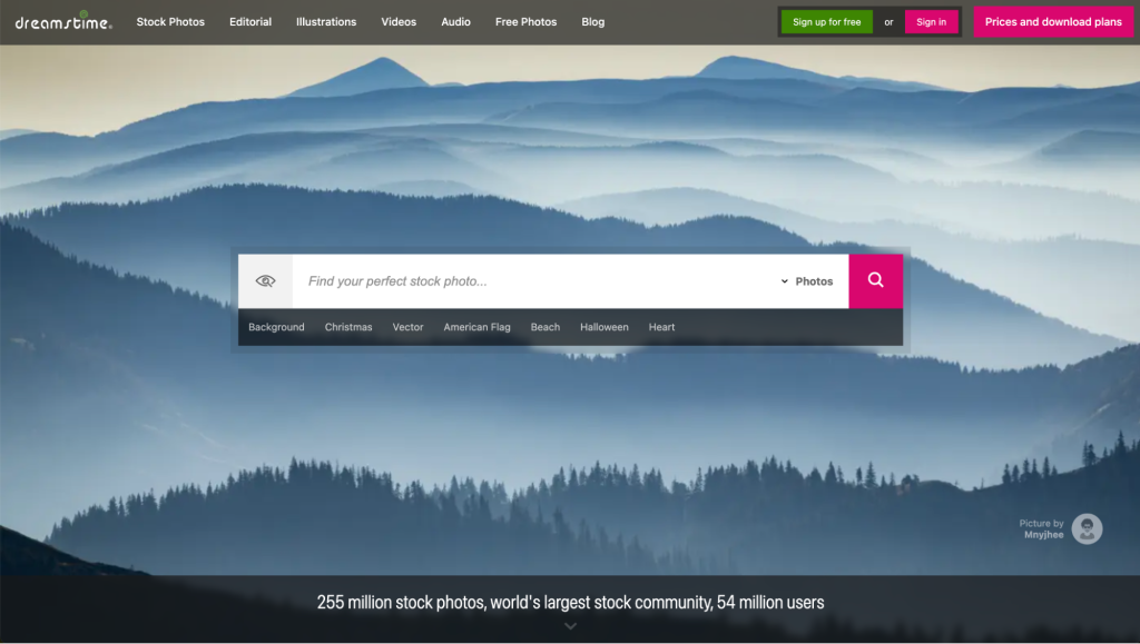 Dreamstime homepage is een microstockplatform met rechtenvrije media