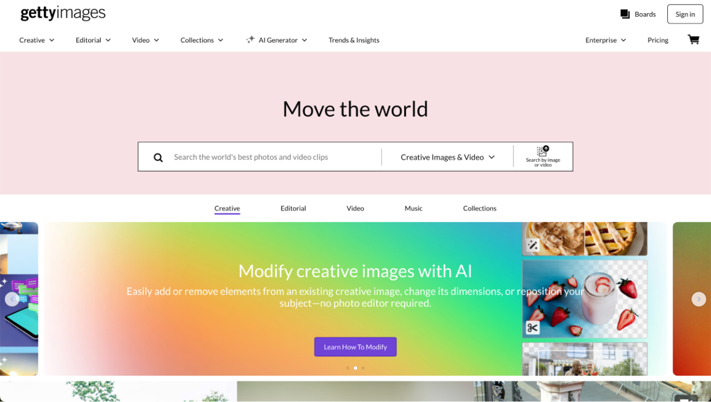 Homepage van Getty Images, een premium platform voor fotos