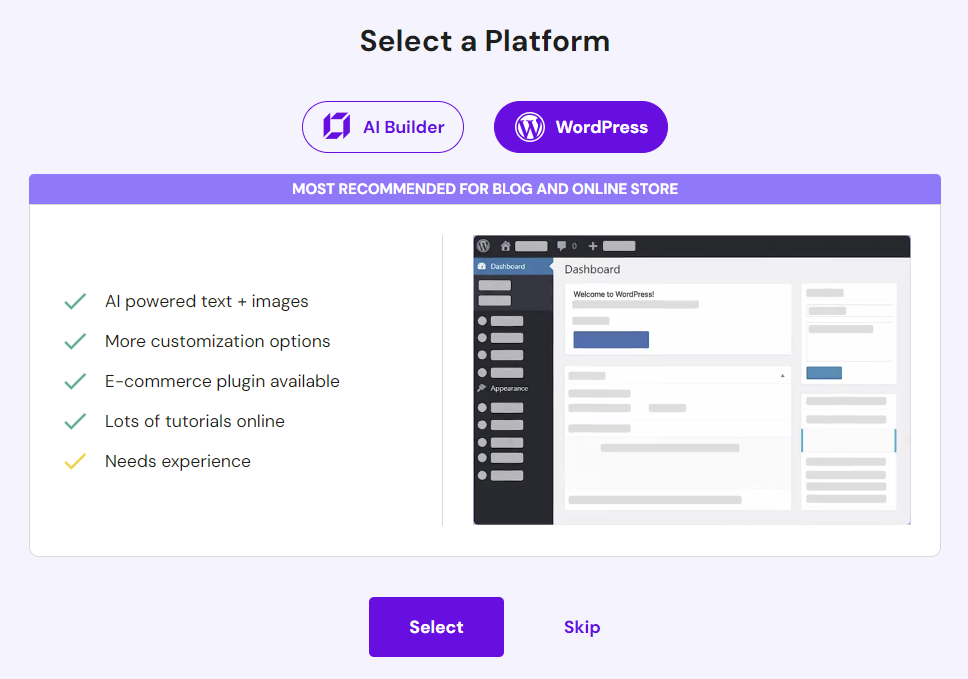 selecteer WordPress als platform