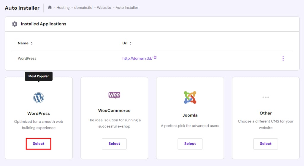 selecteer WordPress
