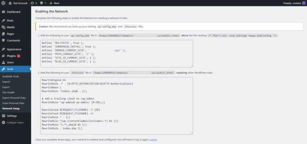 Het network aanzetten in WordPress dashboard

