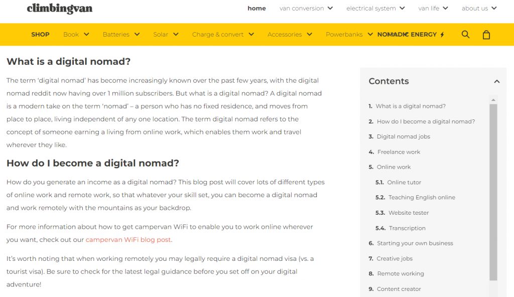 De inhoud van climbingvan met table of contents