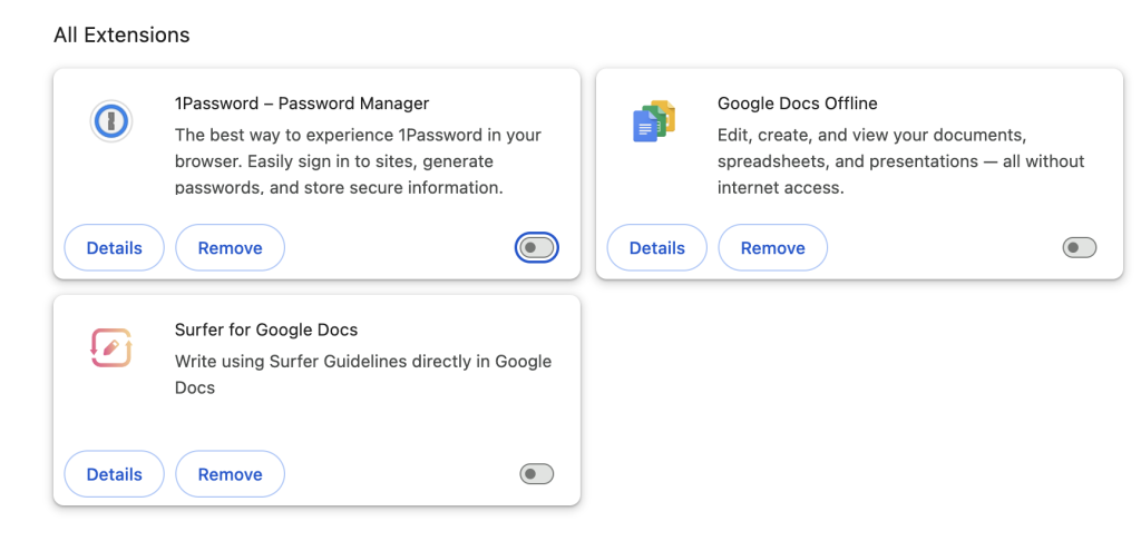 Overzicht van extensties in Google chrome en opties