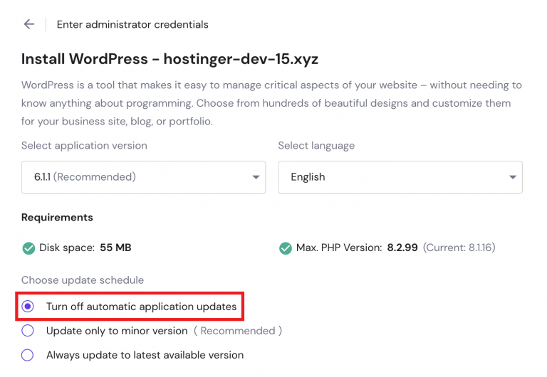Automatische update opties voor WordPress auto installer in Hostinger