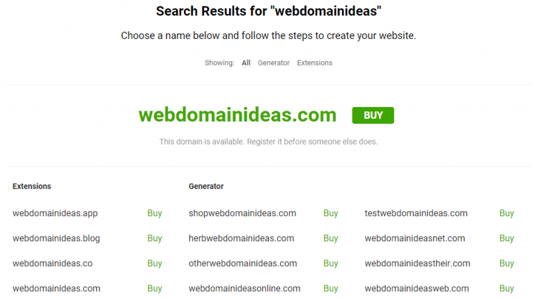 Screenshot van Nameboy domein generator resultaat pagina