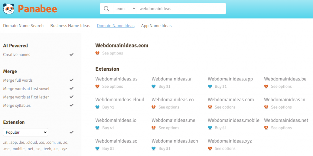 Screenshot van Panabee domeinnaam generator resultaat pagina