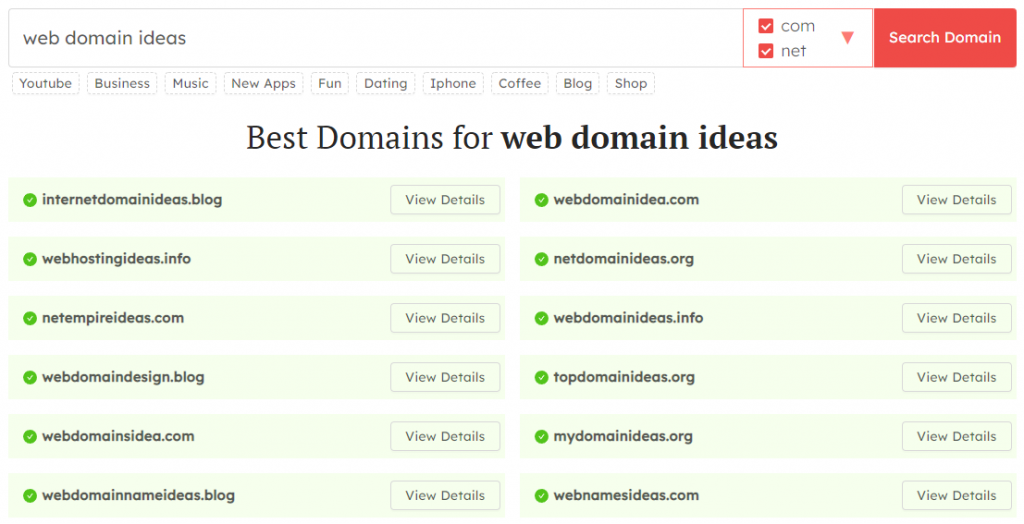 Screenshot van Domain Wheel resultaat pagina