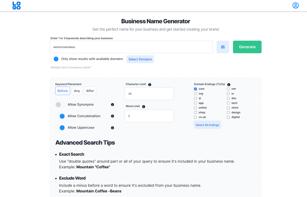 Screenshot van LOGO.com geavanceerde zoekinstellingen