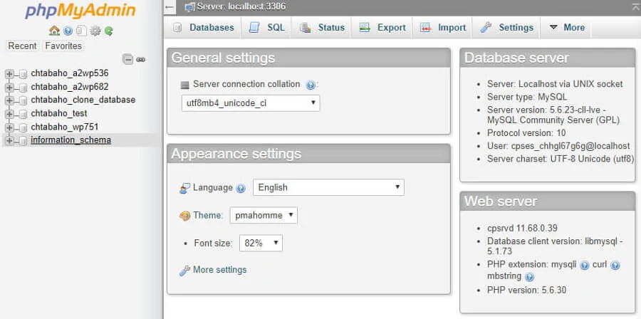 phpMyAdmin lijst met databases