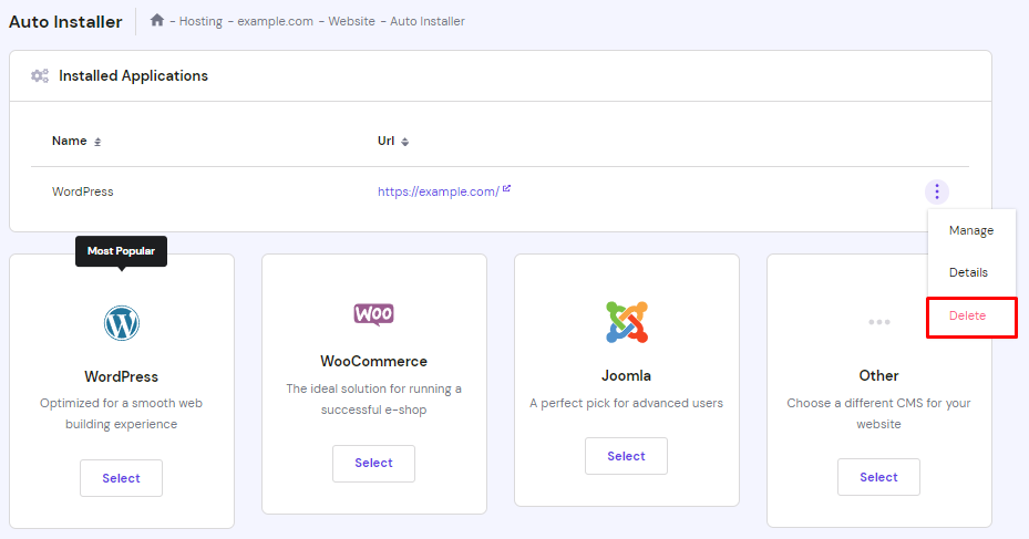 Verwijder je WordPress website. Klik op Verwijderen.