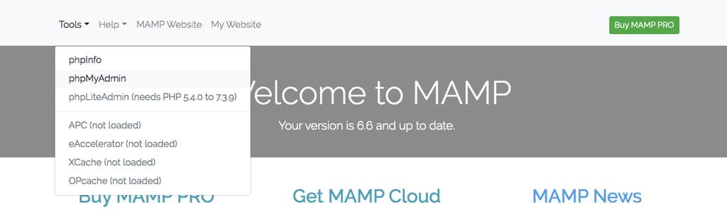 Ga naar het menu Tools en klik op phpMyAdmin in MAMP