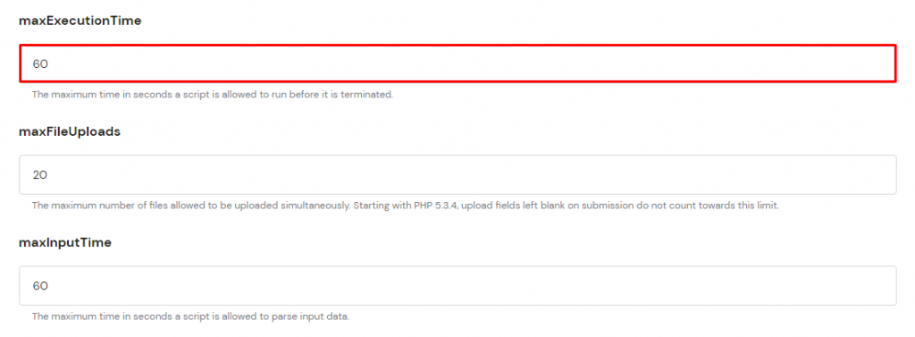 Screenshot van instellen van max-execution-time