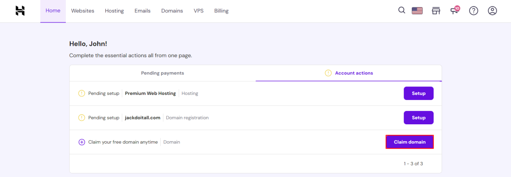 Startpagina Hostinger voor het claimen van jouw gratis domein