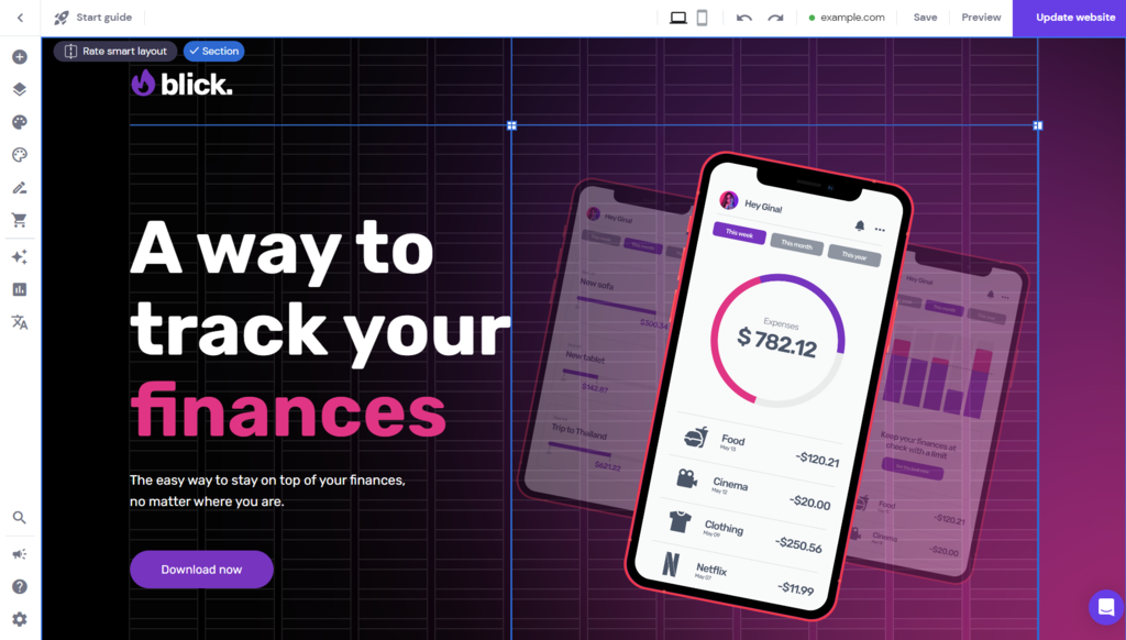 De editor van Hostinger Website Builder met de sleep-en neerzetfunctie