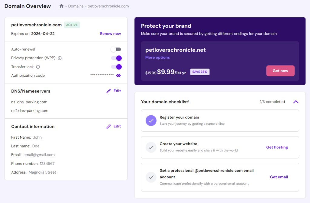 Pagina domeinoverzicht met de domeininstellingen